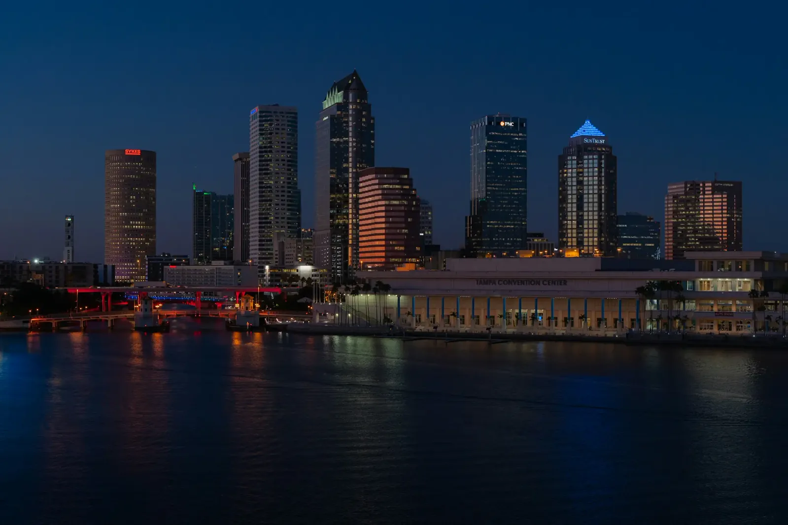 Tampa waterfront skyline lit up at night